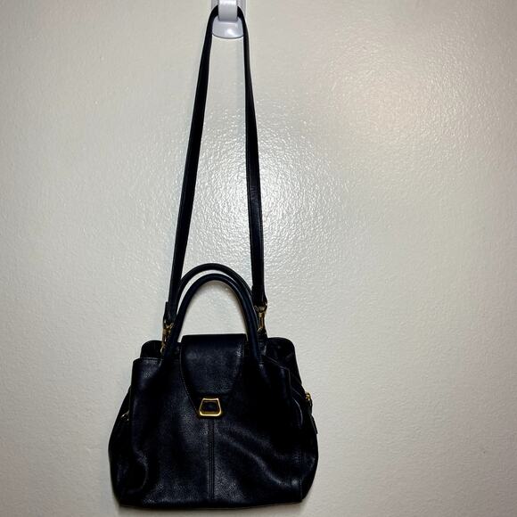 Liz Claiborne Leather Co Shoulder Bag Gold Plated Detail Zip Pockets Navy Blue - Picture 2 of 7
